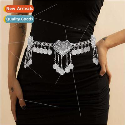Ethnic silver engraved tassel waist chain fashion irregular
