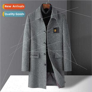 Tweed jacket men long fall winter thickened windbreaker men