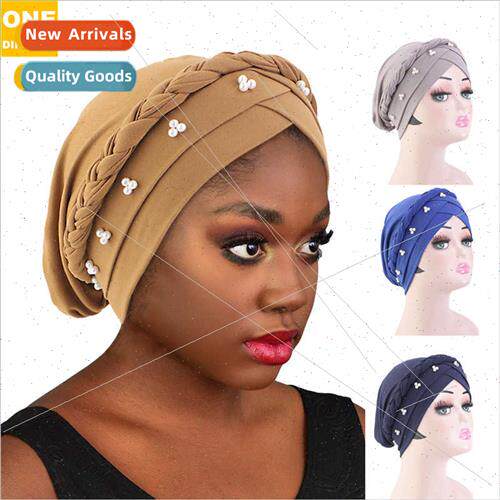 Bohemian pink pearl diamond twist braid turban cap fashion h