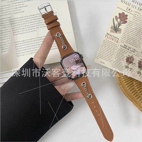适用apple watch metal chain leather strap apple watch8/SE/7/