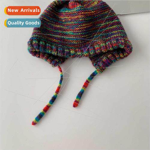 Ins wind rainbow splicing tie wrap head knted hat female aut