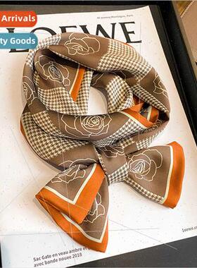 Vintage camellia long small silk scarf women spring fall new