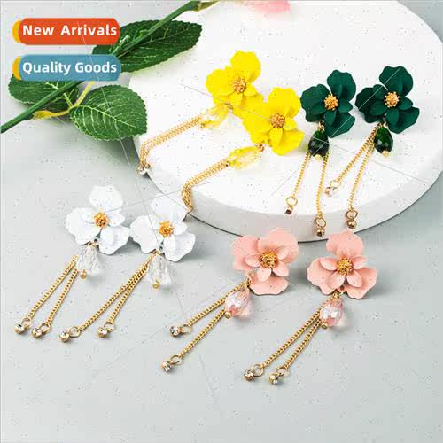Korea summer match flower earrings crystal long tassel alloy