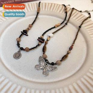 rice beads necklace Butterfly retro card lerary collar round