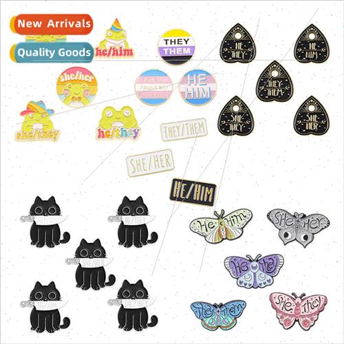 Gender pronouns around badge metal jewelry sweater jacket pe