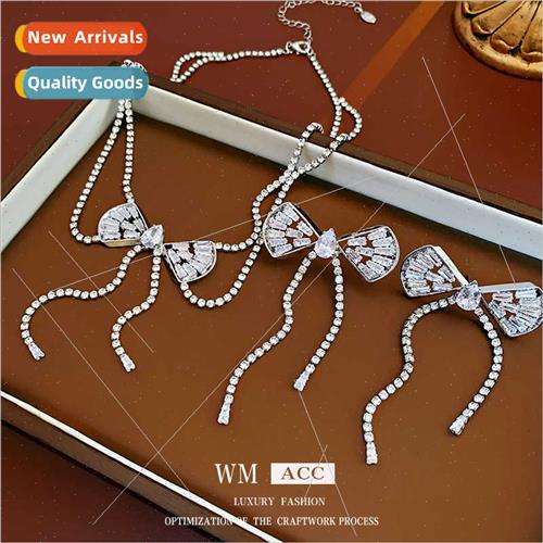 lver Pin Zirconia Metal Bow Tassel Earrings Delicate Stud Ea