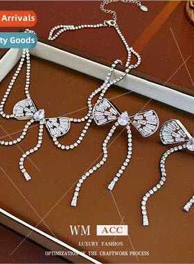 lver Pin Zirconia Metal Bow Tassel Earrings Delicate Stud Ea