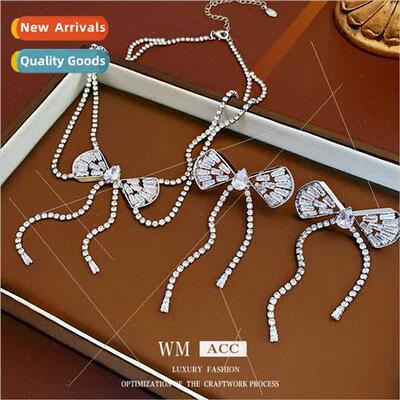 lver Pin Zirconia Metal Bow Tassel Earrings Delicate Stud Ea