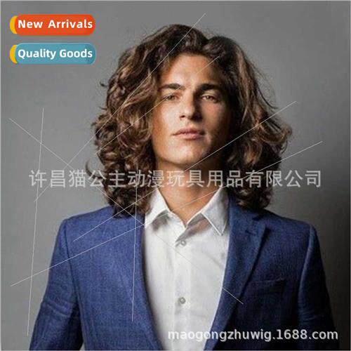 Men Fluffy Big Wave Parted Handsome Dark Short Curly Hair Ch