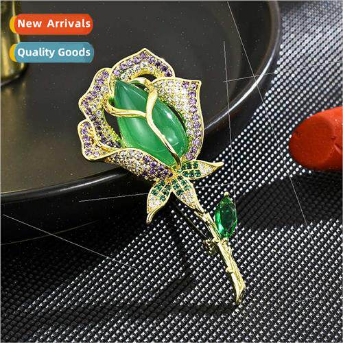 Sunshine Rose Natural Chalcedony Brooch High-grade Women Pin