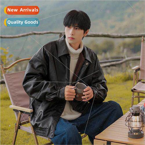 Winter cyboy biker leather jacket warm padded loose handsome