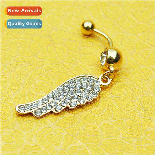 New gold feather wings diamonds belly button ring belly butt