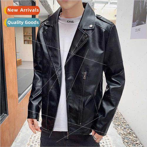 Black leather jacket men fall new motorcycle lapel pu leathe图片