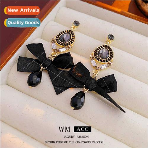 lver needle wh diamonds black bow drop tassel earrings Frenc