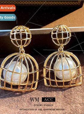 Earrings lver Needle Openwork Birdcage Pearl Earrings French