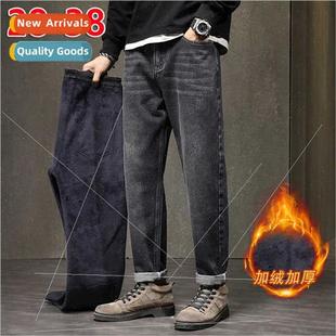 2023 fall elastic jeans hundred loose men new Padded winter