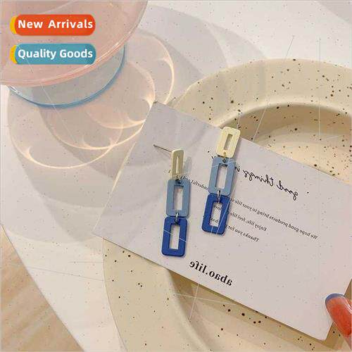 Summer ins color clashing blue long chain 925 silver pin ear