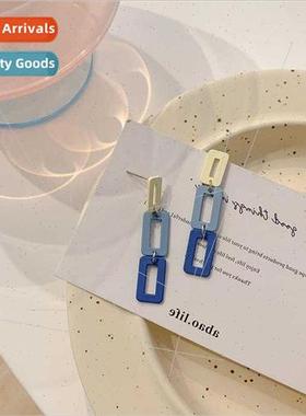 Summer ins color clashing blue long chain 925 silver pin ear