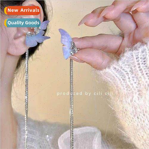 Blue purple semi-faceted mesh butterfly ear clips crystal gl