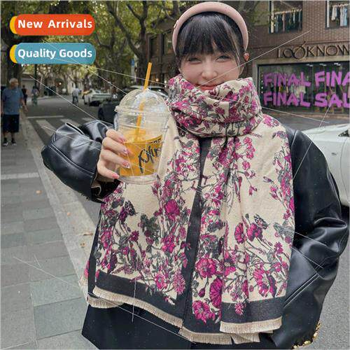 Autumn winter small flowers warm faux cashmere scarf female