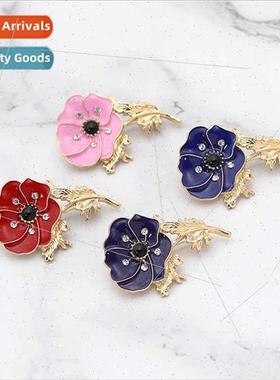 Brish WWII Memorial Poppy Brooch Red Oil Drip Rhinestone Pop
