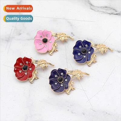 Brish WWII Memorial Poppy Brooch Red Oil Drip Rhinestone Pop