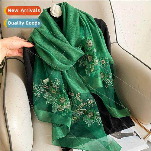 Spring Autumn silk wool silk scarf female  embroidered mulbe