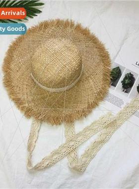 New lace strapped straw hat bow fur trimmed raffia straw hat