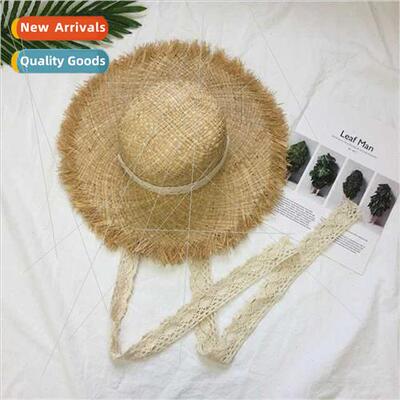 New lace strapped straw hat bow fur trimmed raffia straw hat