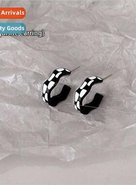 Retro black whe checkerboard plaid earrings female 2021 new