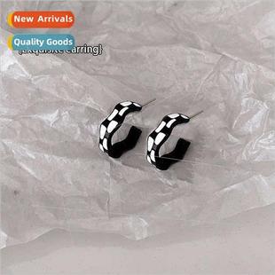 checkerboard plaid earrings Retro 2021 whe female new black