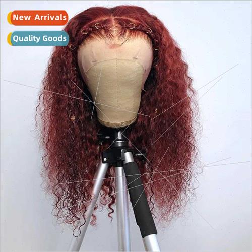 Europe Women Wigs Wine Red Medium Curly Hair Front Lace Chem