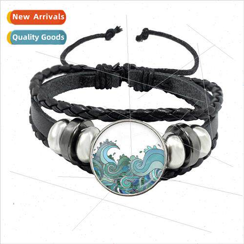 Leather Rope Bracelet Sea Wave PU Leather Bracelet Handmade