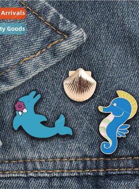 Cartoon blue dolphin corsage seahorse golden shell alloy dri