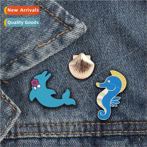 Cartoon blue dolphin corsage seahorse golden shell alloy dri