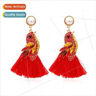 rhinestone earrings retro creative pearl color tassel bird