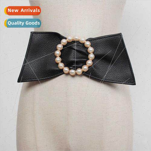 Bow round buckle pearl elastic wide belt women elegant wind