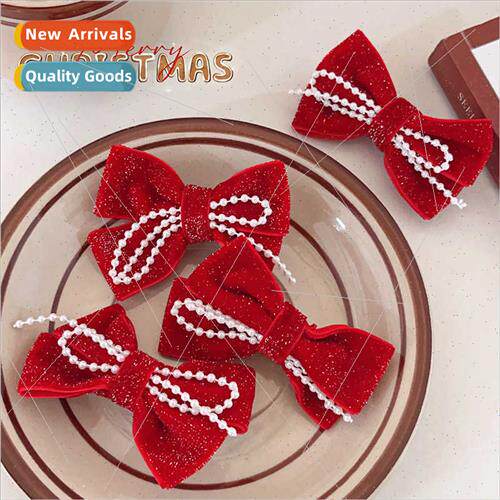 Christmas hair clips bow pearl chain duckbill clip festive s