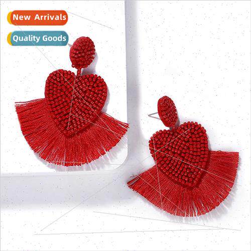 Boho Vacation Heart Shaped Rice Bead Earrings Heart Tassel E