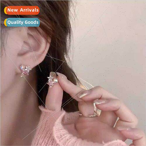 Fresh pink zirconia flower earrings female niche fashion ear