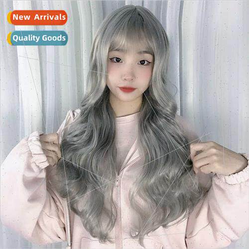 Wig female grandmother gray long curly hair bangs chemical f