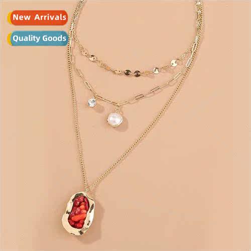 Vintage Coral Stone Round Pendant Necklace Whe Layers Neckla