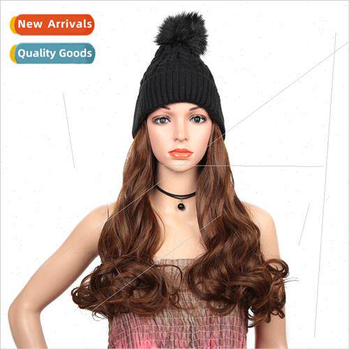 Women wig hat knted cap long curly hair hat one-piece wig he