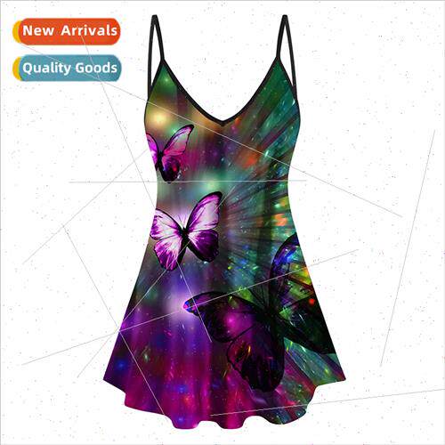 V-neck Butterfly Print Spaghetti Strap Tank Top Lady Summer