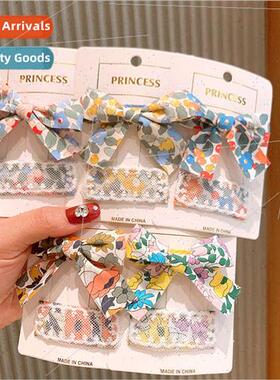 Korea children floral fabric hair clips girls mesh bow press
