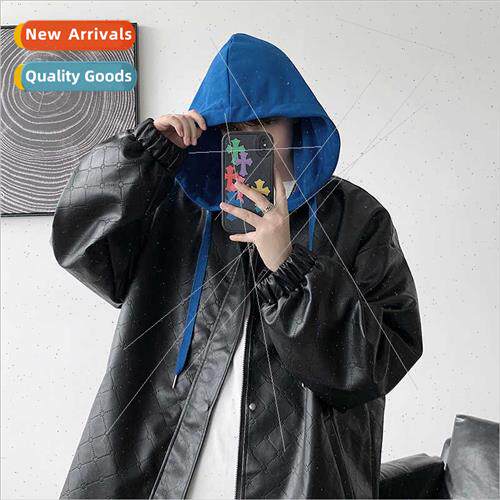 2023 spring new HK ins fashion long-sleeved hooded pu leathe