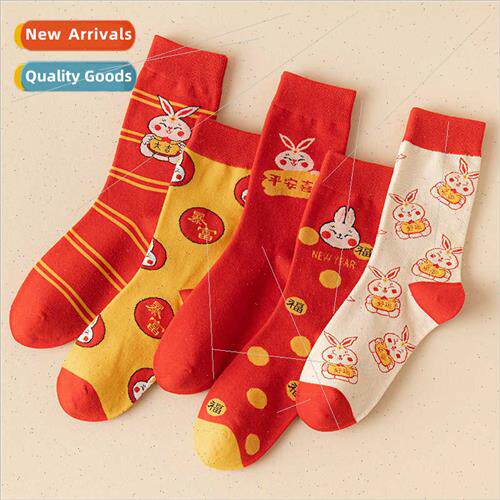 Year Rabb red socks women fall winter natal year mid-calf so