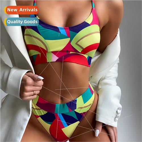 Womens Colorful Printed Panel Strap Separate Swimsu Sexy Bik