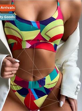 Womens Colorful Printed Panel Strap Separate Swimsu Sexy Bik