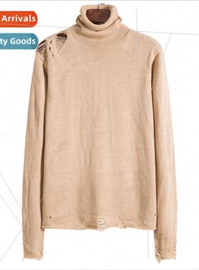 2020 fall new men sweater knted loose high neck do old broke